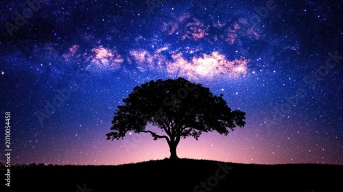 A silhouette of a lone tree under a sky full of bright stars