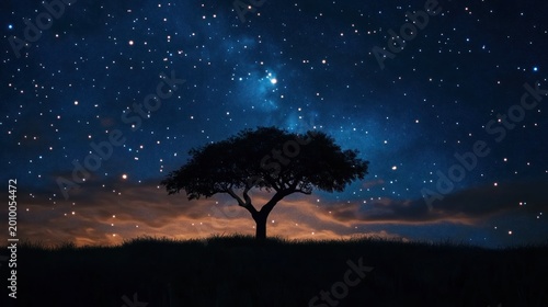 A silhouette of a lone tree under a sky full of bright stars