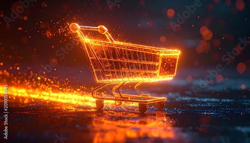 Glowing Golden Shopping Cart Digital Illustration On Dark Reflective Ground With Cinematic Light Trails And Bokeh Background Particles