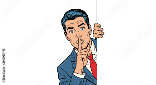 Businessman in a blue suit peeking from behind a white wall and holding a finger to his lips requesting silence or a secret.
