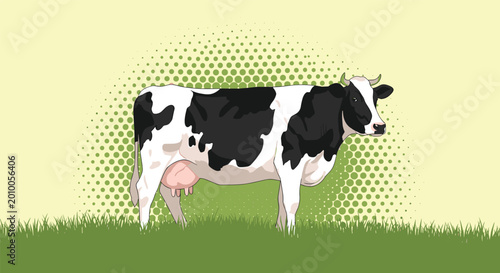 Holstein cow standing in green grass against a pale yellow background with a dark green halftone sunburst pattern in pop art.