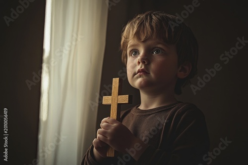 Young child holding a wooden cross by the window