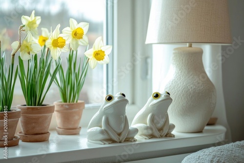 Decorative frogs with flowers on a windowsill