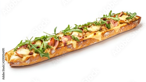 Delicious sandwich topped with cheese and arugula