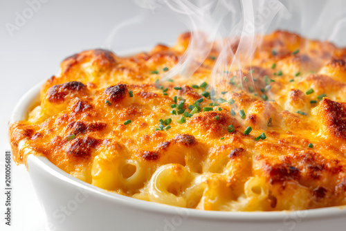 Classic American Mac and Cheese Dish with Steaming Cheesy Topping Freshly Baked and Isolated on White Background
