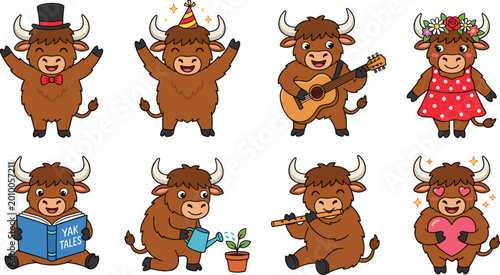 Bilde på lerret Cute Yak Character Set with Highland Cow Mascots Playing Music Reading Gardening