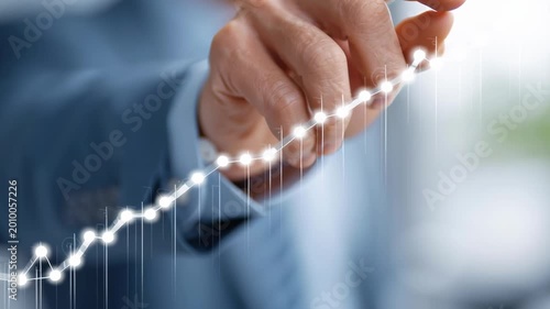 Hand guides upward trend line. Fingers steady, confident gesture. Businessman projects growth visually. Ideal for finance or strategy presentations. Focus on clarity and forward momentum