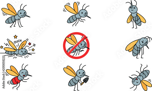 Fotografie Cute cartoon mosquito character set with various poses and emotions featuring a stop sign pest control concept and blood sucking insect vector illustration for healthcare