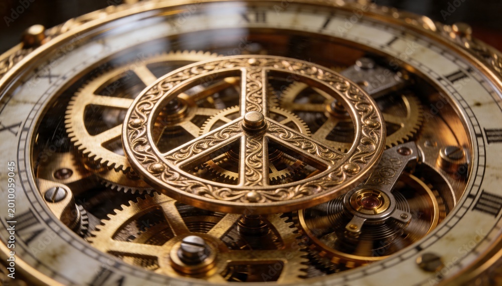 Obraz premium Showing ornate filigree wheel turning inside watch casing, with brass gears and hairspring