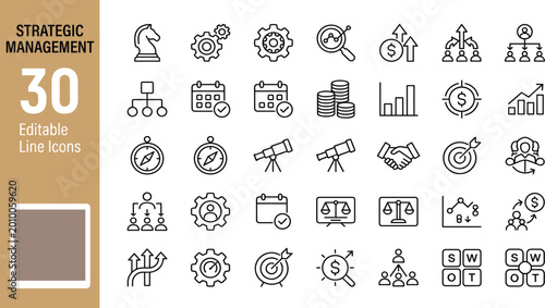 Editable line icons for strategic management, featuring business analysis, goal-setting, planning, growth, and teamwork symbols for professional use.