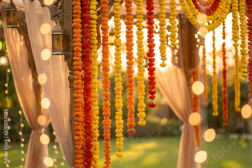 Marigold flower garland decoration for Indian wedding venue. Traditional floral backdrop with hanging yellow and orange blossoms for festive celebration and cultural ceremony decor.