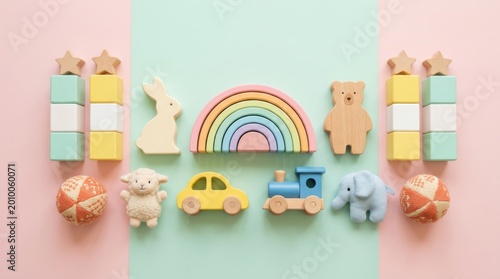 Wooden toys arranged on a pastel background. Educational playthings for child development. International Childrens Day celebration concept for nursery or kindergarten classroom decor.