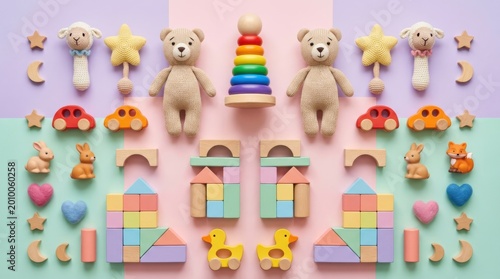 Flat lay of colorful wooden toys and plush bears arranged on pastel background. Educational nursery playthings for International Childrens Day. Kids creativity and childhood hobby concept.