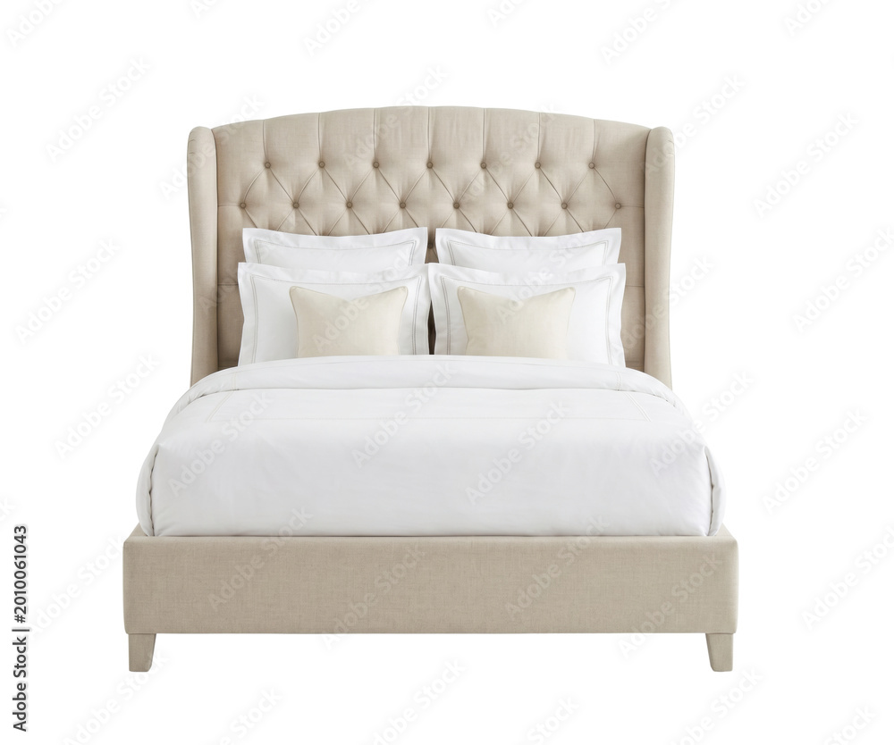 Fotografie Classic beige tufted wingback bed front view isolated