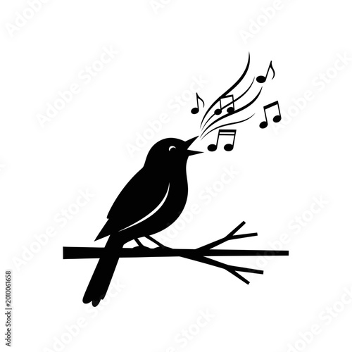 Bild auf Leinwand Silhouette of a bird singing on a branch with musical notes