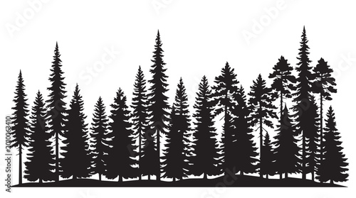 landscape with black silhouettes of trees and hills, trees silhouettes set. Black pine woods
