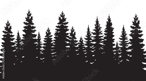 landscape with black silhouettes of trees and hills, trees silhouettes set. Black pine woods
