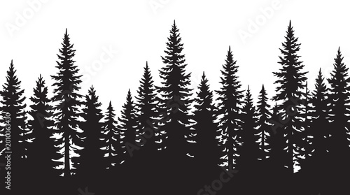 landscape with black silhouettes of trees and hills, trees silhouettes set. Black pine woods
