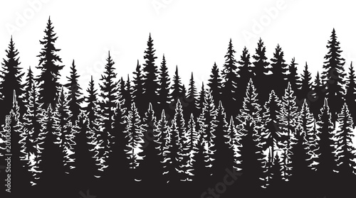 landscape with black silhouettes of trees and hills, trees silhouettes set. Black pine woods
