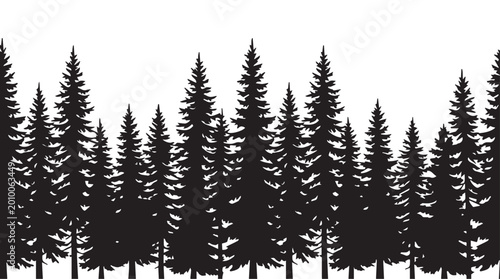 landscape with black silhouettes of trees and hills, trees silhouettes set. Black pine woods

