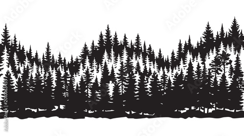 landscape with black silhouettes of trees and hills, trees silhouettes set. Black pine woods
