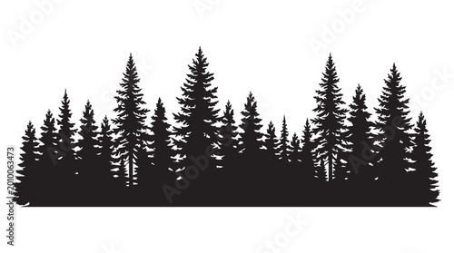 landscape with black silhouettes of trees and hills, trees silhouettes set. Black pine woods
