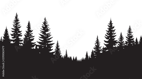 landscape with black silhouettes of trees and hills, trees silhouettes set. Black pine woods
