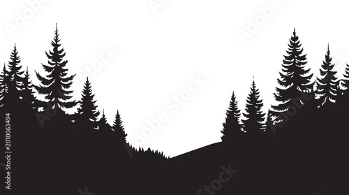 landscape with black silhouettes of trees and hills, trees silhouettes set. Black pine woods
