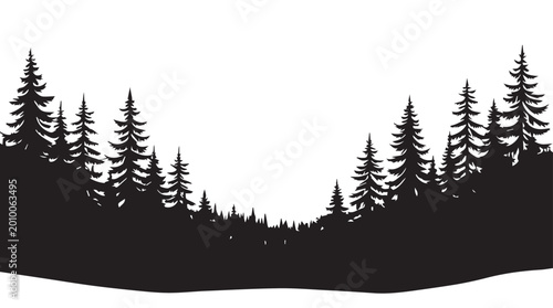 landscape with black silhouettes of trees and hills, trees silhouettes set. Black pine woods
