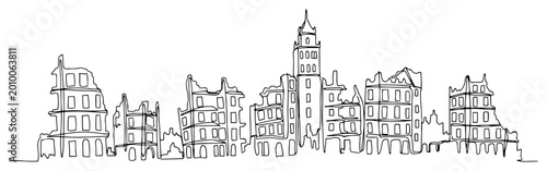 Bild auf Leinwand Ruined city skyline after war continuous line art, minimalist bombed buildings a