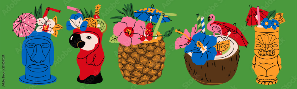 Fototapeta premium Summer Cocktails set. Refreshing drinks with fruit, small umbrella, flowers, straw. Various shape glasses. Tiki, parrot, coconut, pineapple. Hand drawn Vector illustration. Isolated design elements