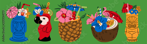 Summer Cocktails set. Refreshing drinks with fruit, small umbrella, flowers, straw. Various shape glasses. Tiki, parrot, coconut, pineapple. Hand drawn Vector illustration. Isolated design elements