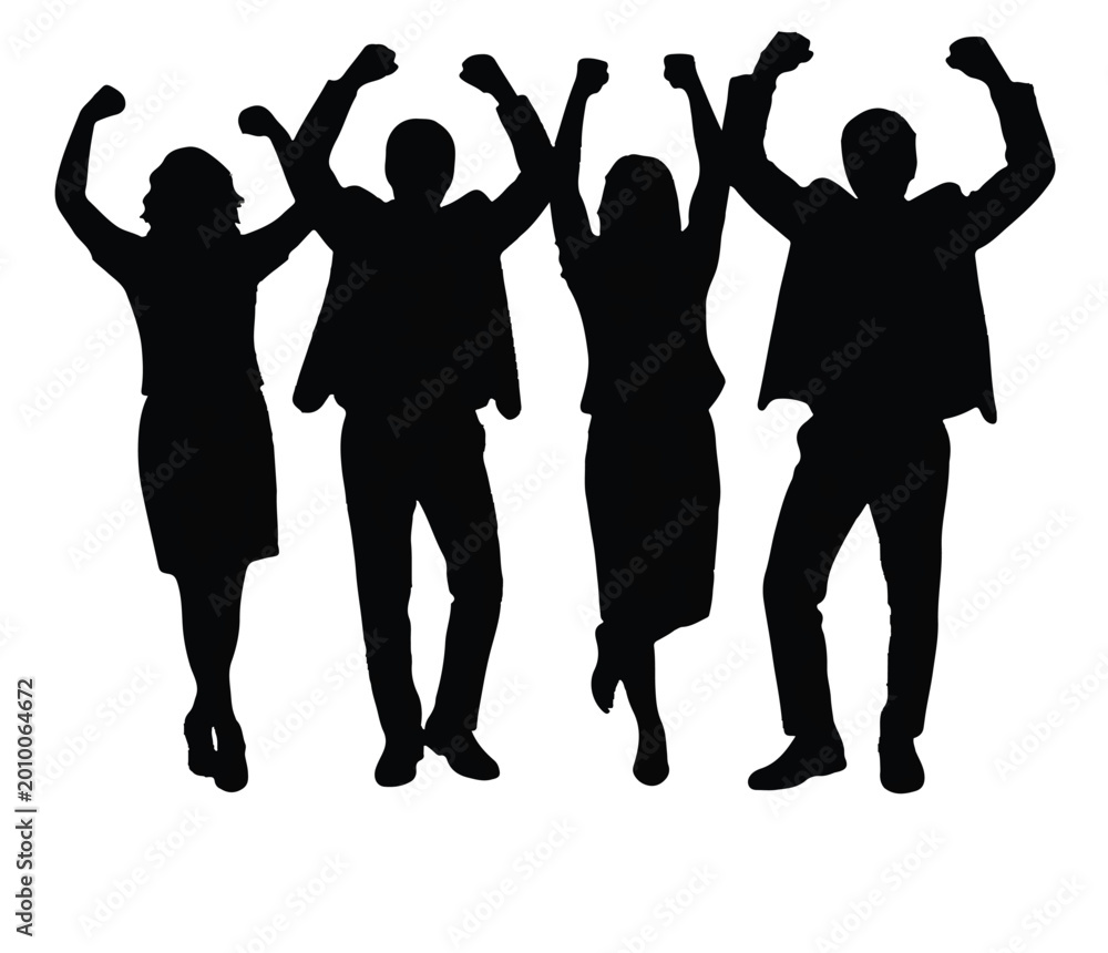 Fototapeta premium Silhouette of Successful Business Team Celebrating Achievement with Raised Arms on White Background