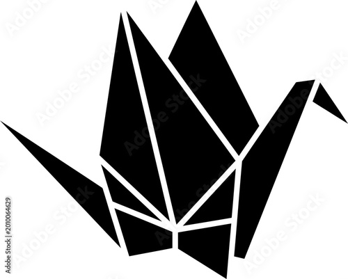 Origami bird crane made of black paper on white background