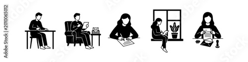 Fotografía Minimalist black and white illustrations of people writing letters and managing correspondence at home
