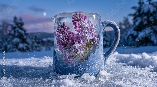 Frozen blue jug with lilac flowers blooming inside ice, snowy landscape during twilight, close-up angle, cold blue lighting with frost particles, icy textures sparkling around flowers