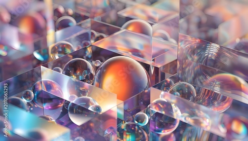 Abstract 3D Glassmorphism Background with Iridescent Spheres and Transparent Glass Blocks in Futuristic Style