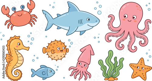 Foto PrintCute Cartoon Sea Animal Vector Collection Featuring Shark Octopus Crab Seah