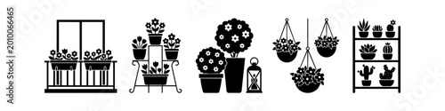 Bild auf Leinwand Black silhouette collection of garden and balcony plant arrangements, including window boxes, tiered stands, hanging baskets, and a succulent shelf for outdoor or indoor decor design