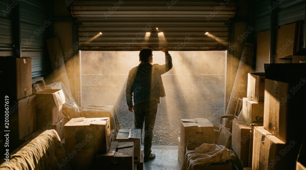 Fototapeta premium Man opening warehouse door with sunlight shining through the opening.