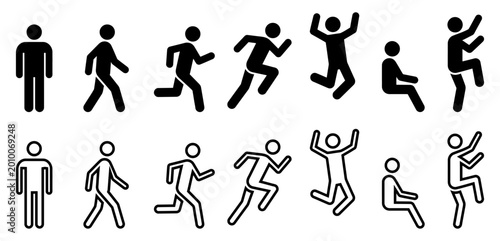 Konstfotografi Stick figure man icons showing standing walking and running actions | People sym