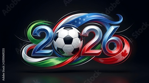 2026 World Football Championship Concept with Soccer Ball and Flags of USA, Mexico, and Canada