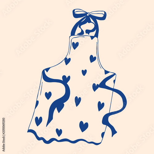 Cuadro en lienzo Apron hand drawn vector illustration with ribbon and decorative hearts in line art style