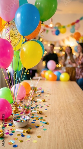 Colorful balloons and confetti decorating wooden table for birthday party. Festive atmosphere for International Childrens Day celebration. Friends gathering for event with drink and decor.