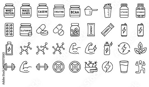 Obraz na plátně Fitness and nutrition supplements icon set a comprehensive collection for health