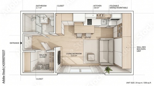 Compact smart living space illustration, modern micro apartment concept