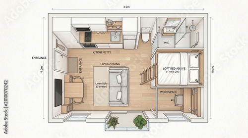 Compact smart living space illustration, modern micro apartment concept