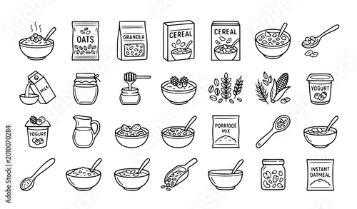 Cuadro en lienzo Breakfast food doodle set a collection of hand drawn icons representing cereal o