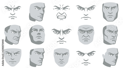 Foto Collection of stylized facial expressions depicting various intense emotions, primarily anger and determination, shown from multiple angles