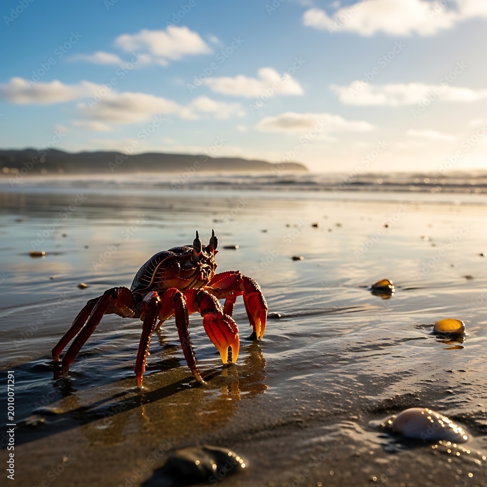 Fototapeta premium Crab on wet sandy beach.